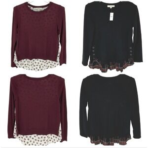 SET of 2 LOFT Women's Floral/Plaid‎ Print Crew Neck Sweaters Knit Layered Look M